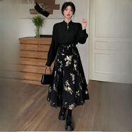 新中式國風(fēng)套裝女春秋大尺碼微胖mm顯瘦減齡感襯衫馬面裙兩件套 黑色上衣+馬面裙套裝大尺碼 M