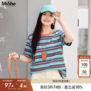 MsShe【全棉】大碼女裝2025夏裝胖mm彩色條紋提花正肩短袖T恤上衣 北歐藍色現貨 2XL