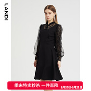 藍(lán)地春季新款黑色小立領(lǐng)盤扣蕾絲泡泡袖連衣裙女長袖高腰裙子DLWC 黑色 S