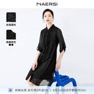 娜爾思（NAERSI）壓褶直筒寬松通勤顯瘦雪紡連衣裙新款襯衫裙 黑色 38/M