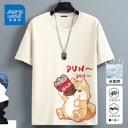 真維斯（Jeanswest）冰絲中袖男2025夏季簡(jiǎn)約印花寬松冰感速干短袖T恤男士大碼上衣服 淺米色(墩墩小柴左下標(biāo)) XL (180) (不起球不掉色)