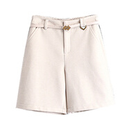 賽曼蝶秋冬外穿毛呢短褲女毛呢5分褲中褲高腰闊腿直筒西裝五分褲靴褲 米色 XL 29/體重114-124斤