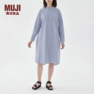 無印良品（MUJI）女式 棉襯衫連衣裙 BC03CC3S 長款 裙子 襯衫裙 藍(lán)色*白色條紋 L-XL
