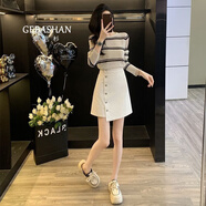 歌芭杉（GEBASHAN）品牌女裝韓版條紋鏤空長(cháng)袖針織衫短裙兩件套女2025春秋新款套裝 白色針織衫+牛仔半身裙 S