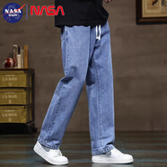 NASA BASE牛仔褲男夏季新款男士2025新款彈力潮款男褲寬松直筒休閑闊腿褲子 中藍 L （建議110-125斤）