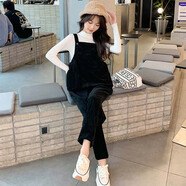 依鎏衣品孕婦裝背帶褲兩件套裝秋冬外穿全棉燈芯絨加絨加厚保暖吊帶褲毛衣 黑色（不加絨）+白毛衣/套裝 M建議90-115斤