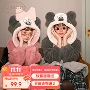 果殼（Gukoo）情侶睡衣冬款毛絨女家居服保暖連帽卡通睡袍男 米奇淺灰睡袍 M