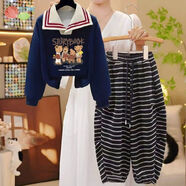 貝貝怡（Bornbay）2025新款春裝女童秋季巨好看polo領(lǐng)衛衣套裝洋氣時(shí)髦中大童燈籠褲 藏青衛衣+條紋褲 130