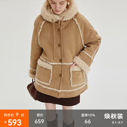 fano studios范洛Fano 冬季加厚連帽仿羊羔毛皮毛一體外套女復(fù)古麂皮絨短外套 淺卡其 L