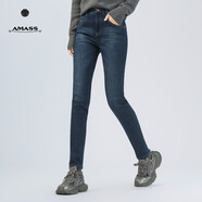 阿瑪施（AMASS）女裝褲子秋冬穿搭百搭彈力加絨修身顯瘦小腳褲牛仔褲5100241 藍色-植絨 3XL 7碼