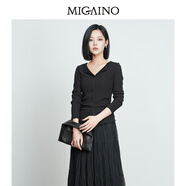 曼婭奴Migaino女裝秋季新款簡(jiǎn)約百搭收腰顯瘦長(cháng)袖針織T恤 黑色 L