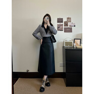 智立冠大碼女裝設計感翻領(lǐng)拼接長(cháng)袖上衣皮裙早秋顯瘦兩件套 長(cháng)裙 L 大碼