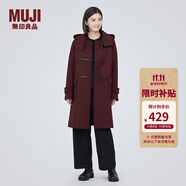 無印良品（MUJI）女式羊毛混牛角扣大衣長款連帽毛呢呢子外套秋冬季外衣女裝 深紫紅色 M (160/84A)