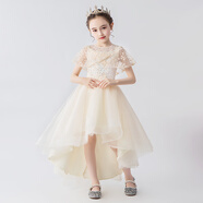 小咔衣濃女童生日主持人公主裙花童婚紗小女孩晚禮服兒童鋼琴演出服裝秋季 香檳色1901前短后長(cháng) 120