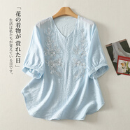 阿瑪施（AMASS）哥弟適用藍(lán)色釘珠刺繡短袖T恤女夏季文藝覆古寬松V領(lǐng)套頭小衫別致 天藍(lán)色 M 90-110斤