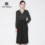 MY TENO馬天奴2025秋冬新款黑色波點(diǎn)印花拼接連衣裙子V領(lǐng)收腰長(cháng)袖氣質(zhì)女 黑色 L 40
