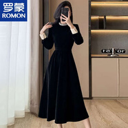 羅蒙赫本風(fēng)絲絨襯衫袖小黑裙子秋冬高端法式修身顯瘦A連衣裙打底長(cháng)裙 長(cháng)款黑色連衣裙(版) M