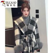 啄木鳥(niǎo)2025冬季時(shí)尚復古格子連帽毛呢外套女名媛氣質(zhì)毛毛袖加厚系帶大衣 黑白格子連帽毛呢外套 L 【105-115斤】