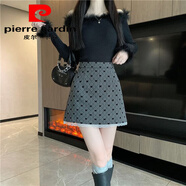 皮爾卡丹（pierre cardin）植絨蝴蝶結西裝短裙半身裙女春秋季顯瘦蕾絲花邊包臀裙豎條紋裙子 灰色 S