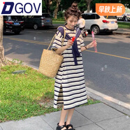 DGOV棉質(zhì)條紋長裙慵懶風(fēng)長款T恤裙女夏寬松遮肉休閑顯瘦短袖連衣裙女 條紋裙子+披肩 套裝 M 建議120-135斤左右