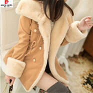 皮爾卡丹（pierre cardin）加絨加厚牛仔外套女冬季大毛領(lǐng)韓版機車(chē)羊羔毛外套女學(xué)生短款外衣 駝色【夾棉】11# 加厚 S