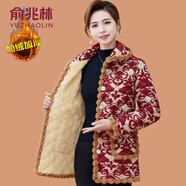俞兆林（YUZHAOLIN）媽媽秋冬裝碎花小棉襖保暖棉服大碼中老年女冬裝加絨加厚翻領(lǐng)鋪棉 2-紅大花 5XL (參考145-160斤)