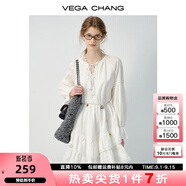 VEGA CHANG白色連衣裙女2025春秋新款法式V領(lǐng)長袖高級感蕾絲裙子 云朵白（長袖） L