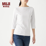 無印良品 MUJI 女式 彈力羅紋編織 一字領(lǐng)七分袖T恤 BBL03A0S 卡其米色X橫條 XXL