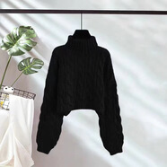 vnxifm歐美高領(lǐng)套頭短款麻花毛衣女秋冬新款慵懶風(fēng)寬松加厚針織毛衣 黑色 均碼