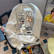 阿瑪瑟100%純棉面料國潮復古慵懶風(fēng)卡通貓和老鼠圓領(lǐng)衛衣男女秋季港味寬 華棉B6-44-圓領(lǐng)-淺灰 加絨 S