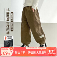 左西男童加絨褲子休閑褲2025新款兒童一體絨燈芯絨長(cháng)褲潮 卡其色 150