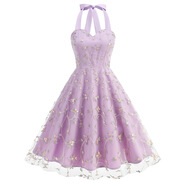 君瑞思歐美無(wú)袖吊帶連衣裙禮服網(wǎng)紗刺繡繡花優(yōu)雅時(shí)尚裙子 紫色 2XL