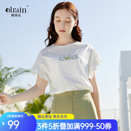 Olrain歐芮兒白色T恤女夏季新款寬松顯瘦刺繡荷葉邊喇叭袖純棉上衣 白色 XL
