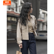 婍妡設(shè)計(jì)感小眾短外套復(fù)古長(zhǎng)袖襯衫2025春季簡(jiǎn)約純色短款小個(gè)子襯衣女 淺卡其_高端面料 XL _125-140