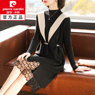 皮爾卡丹（pierre cardin）連衣裙闊太太秋冬季打底裙2025新款中年媽媽蕾絲拼接針織裙子女裝 黑色 M 建議85-105斤