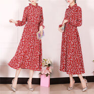 元蓓盈雪紡連衣裙春秋季新款碎花長(zhǎng)袖打底裙過膝中長(zhǎng)裙 紅色毛呢裙 不含口袋毛毛 XL