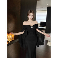 MCDV新款秋冬絕美感溫柔純欲飄帶連肩袖設(shè)計感禮服顯瘦打底裙 黑色 S