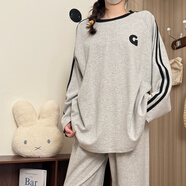 香雅馨 韓版睡衣女春秋長(cháng)袖棉質(zhì)寬松家居服兩件套裝夏季甜美V領(lǐng)卡通貓咪 411910運動(dòng)風(fēng)灰色 M 80-100斤