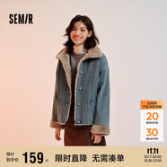 森馬（Semir）牛仔棉服女拼接毛領(lǐng)美式復(fù)古2024冬寬松毛邊夾克街頭109724108017