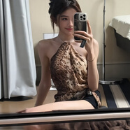 麗喬性感辣妹氣質(zhì)豹紋掛脖上衣女早秋新高級感復(fù)古時尚吊帶背心打底衫 豹紋上衣 S碼78-98 均碼