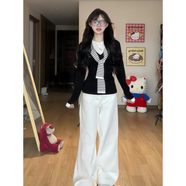 小紅書(shū)爆款大碼胖韓式簡(jiǎn)約黑白條紋披肩長(cháng)袖針織衫女秋季新款拼接 條紋拼接上衣 M[建議80-100斤] 均碼