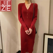 JEZE配大衣長(cháng)款修身毛衣裙過(guò)膝秋冬外穿收腰包臀洋氣打底針織連衣裙子 酒紅 XL 【建議120-130斤】
