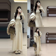 jane Deiune冬季女性黑色V領(lǐng)大衣配長(cháng)袖針織裙，高端腰型修身長(cháng)裙 【奶白色】miu里miu氣連衣裙_連衣裙2024新 3XL 70_75kg_