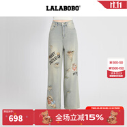 拉拉波波【商場同款】LALABOBO25年牛仔褲夏新款女原創(chuàng)潮破洞直筒印花褲子 中藍白 24