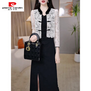 皮爾卡丹（pierre cardin）輕奢感九分袖兩件套連衣裙女2025春秋新款媽媽氣質(zhì)背心裙套裝 黑白兩件套裙 M 建議85-100斤