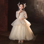 小咔衣濃女童公主裙花童蓬蓬紗兒童高端晚禮服女孩小主持人鋼琴演奏演出服 1587香檳色長(cháng)袖 140