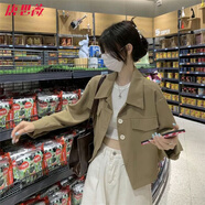 唐思薇早春新款復(fù)古短款長袖小西服外套女新款薄款polo領(lǐng)長袖開衫上衣女 卡其色 M 90-110斤