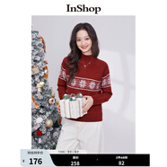 InShop【商場(chǎng)同款】新款浪漫雪花提花毛衣女復古寬松套頭上衣 復古紅色 均碼