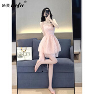 她芙（tafu）品牌女裝法式連衣裙女2026夏季新款氣質(zhì)修身顯瘦吊帶抹胸A字短裙 粉紅色 L