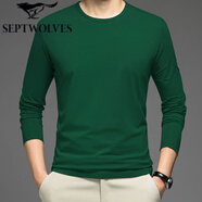 七匹狼夾克專(zhuān)家深灰色圓領(lǐng)純棉長(cháng)袖t恤男春秋季內搭打底衫純色修身上衣秋衣體恤 墨綠色A13 L 建議120-135斤